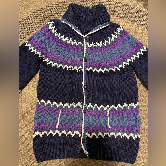 vintage hand-knit chunky wool cardigan sweater Fair Isle pattern blue teal - Picture 10 of 15